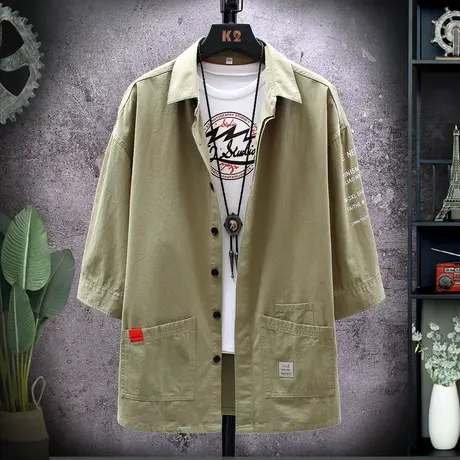 2025帅气男士工装衬衫男短袖夏季休闲七分袖韩版潮流衬衣简约寸衫商品大图