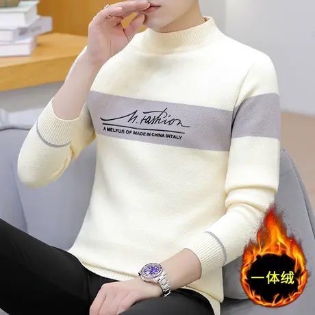 男士毛衣半高领韩版潮流秋冬季一体加绒厚款针织衫线衣保暖打底衫商品大图