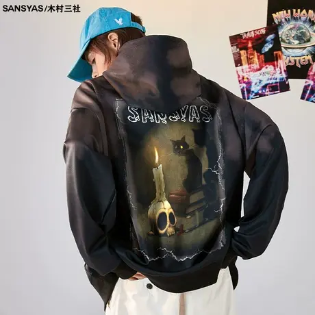 木村三社SANSYAS 老猫点灯美式高街连帽卫衣潮牌男土长袖春秋款商品大图