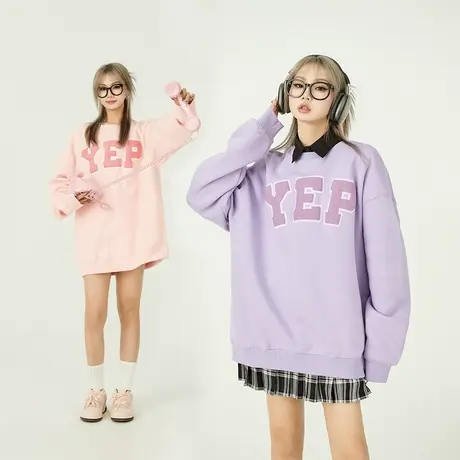 紫罗兰加厚卫衣女ins韩版宽松时尚春秋无帽圆领套头上衣oversize商品大图