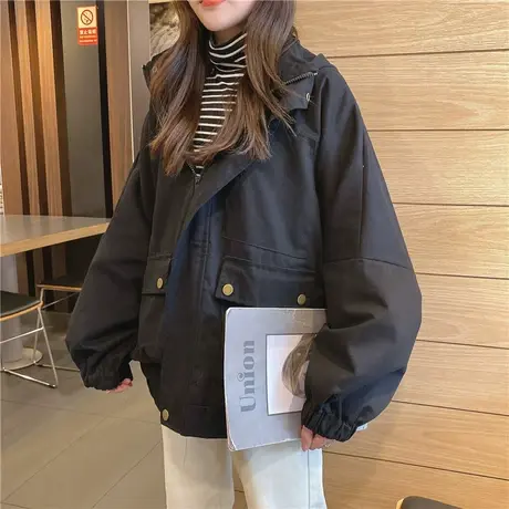 秋装新款韩版女学生宽松大码工装bf原宿百搭大口袋纯色连帽外套潮图片