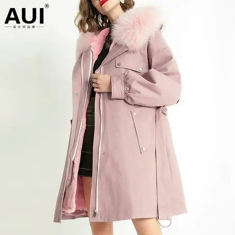 AUI可拆卸獭兔毛派克服女冬中长款2022新款狐狸毛领大衣皮草外套图片