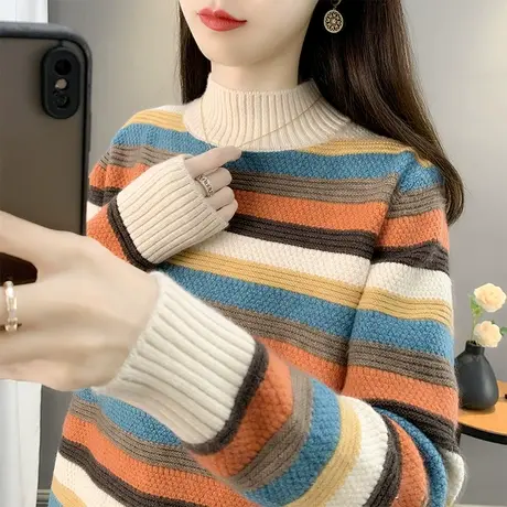 秋装女2023年新款半高领条纹套头毛衣宽松长袖内搭针织打底衫上衣商品大图