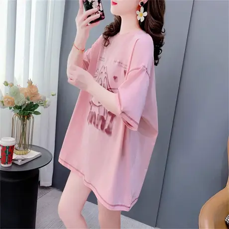 宽松休闲中长款短袖T恤女夏季2023新款韩版洋气减龄百搭学生上衣商品大图