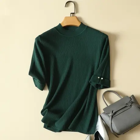 安迪绒半高领中袖T恤女春装2024年新款五分袖上衣针织打底衫毛衣图片