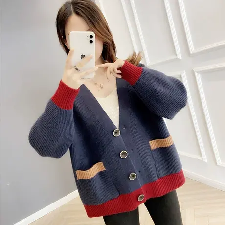 女装新款拼色针织开衫宽松学生毛衣外套女士春秋季外搭洋气上衣商品大图