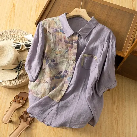 享永子中袖苎麻衬衫女拼接印花文艺复古棉麻上衣气质2023夏季新款商品大图