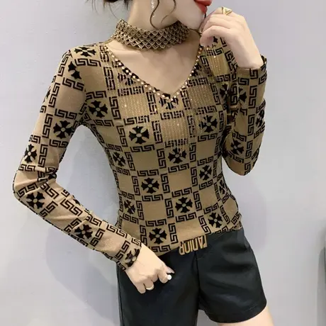 性感镂空网纱打底衫女春秋烫钻植绒印花上衣ins复古气质T恤女长袖商品大图