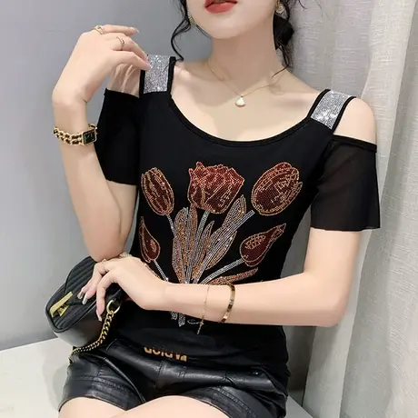 性感一字肩上衣女短袖欧货洋气网纱T恤设计感小众烫钻重工小衫ins商品大图