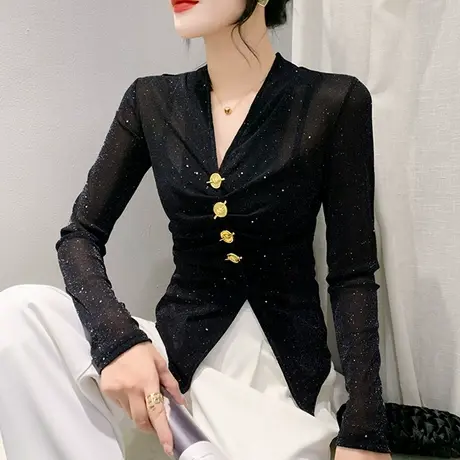 不规则开叉黑色网纱T恤女长袖性感褶皱纽扣拼接上衣洋气修身小衫商品大图