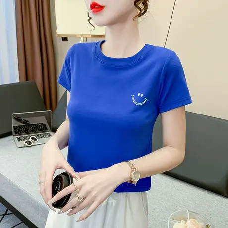 克莱因蓝短袖T恤女2023年夏季新款设计感小众高腰短款上衣服ins潮图片