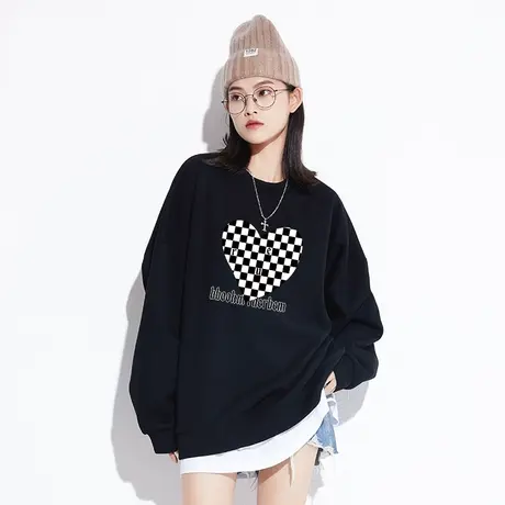 2024秋冬冬新款棋盘格爱心圆领长袖卫衣女设计感小众美式宽松上衣图片