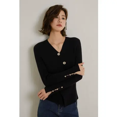 弥古黑色v领针织衫女上衣显瘦法式设计感掐腰毛衣内搭秋冬打底衫商品大图
