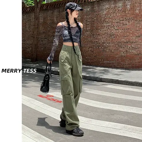 军绿色阔腿工装裤女2023年秋季新款设计感口袋百搭显瘦直筒裤子潮图片