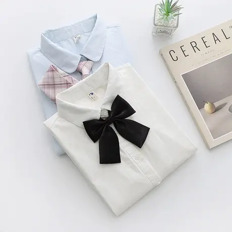 春装新款日系学院风黑色蝴蝶结系带长袖衬衣 韩范纯棉白色衬衫女商品大图