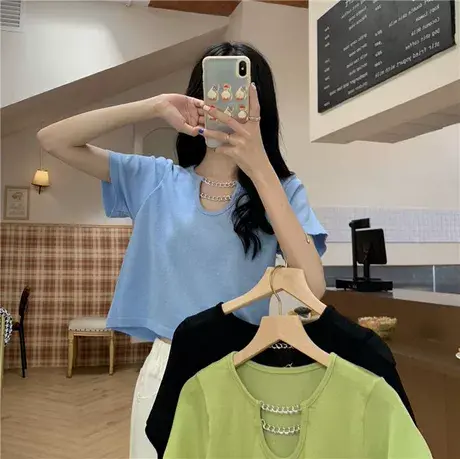 2024新款胖mm大码女夏季短款T恤设计感修身显瘦短袖辣妹正肩上衣商品大图