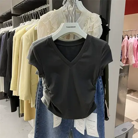 2023春夏季新款韩版时尚百搭潮流简约V领短袖t恤抽绳短款上衣女潮图片