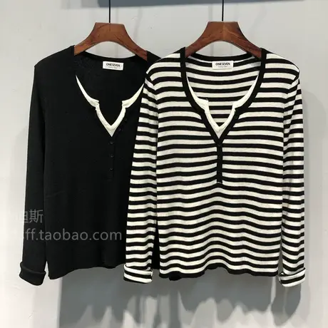 2023秋装 韩国ulzzang新款领口拼接撞色修身假两件针织衫上衣女图片