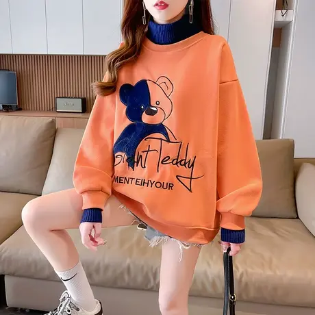 高领卫衣女秋冬季韩版宽松大码加绒加厚小个子保暖假两件上衣外套商品大图