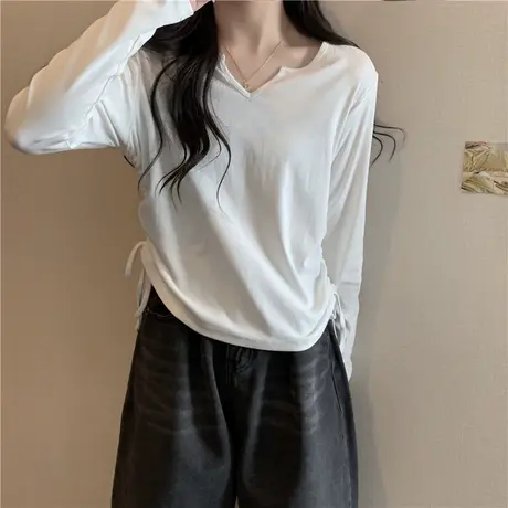 抽绳褶皱下摆长袖T恤女秋冬内搭德绒保暖打底衫宽松韩版V领上衣潮商品大图