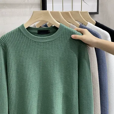 华夫格提花圆领韩版潮流毛衣男士新款内搭毛线衣秋冬针织衫打底衫图片