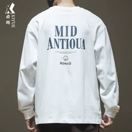 美式重磅印花长袖T恤男士精梳棉260g内搭打底衫秋季宽松大码男潮商品大图