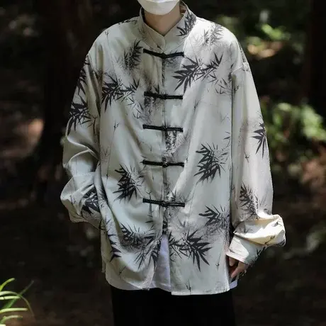 新中式盘扣立领衬衫男长袖夏季冰丝薄款中国风唐装高级感道袍衬衣图片