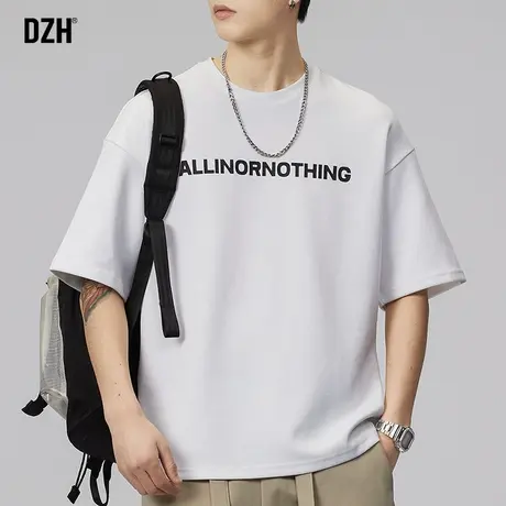 男士白色重磅t恤男夏季薄款印花上衣2023新款宽松五分袖美式半袖商品大图