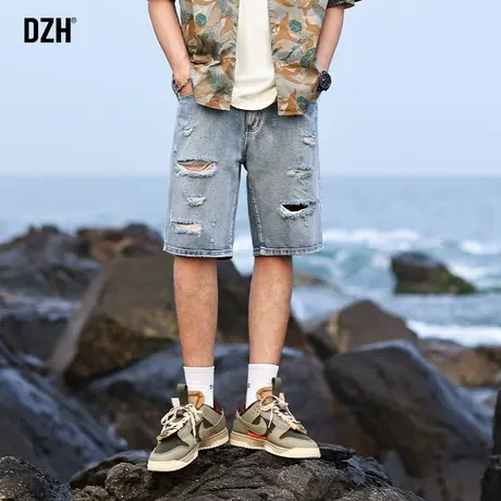 男士破洞牛仔裤短裤休闲宽松五分裤男夏季裤子男款美式高街半截裤商品大图