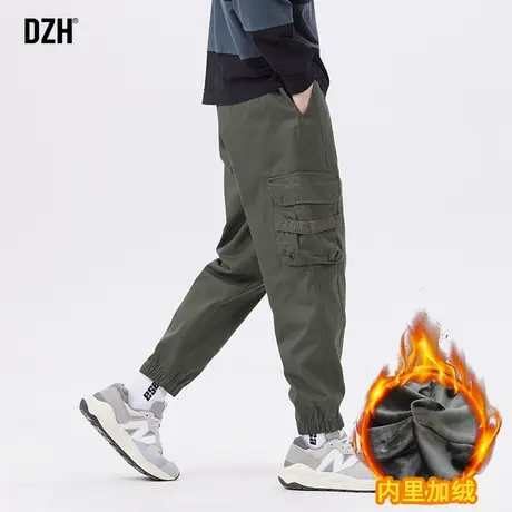 男士军绿色加绒裤子男冬季新款纯棉工装裤潮牌男款美式加厚休闲裤商品大图
