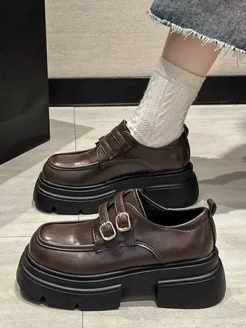 黑色英伦风小皮鞋女2023春秋季新款日系jk单鞋百搭厚底粗跟乐福鞋商品大图