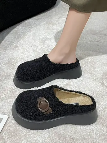 包头半拖鞋黑色毛毛拖鞋女外穿秋冬羊羔毛懒人穆勒大头厚底棉拖鞋商品大图
