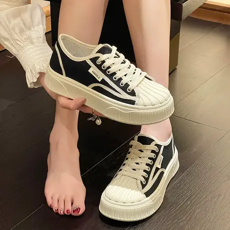 鞋子女春秋帆布鞋2024年新款爆款网红超火小白鞋厚底百搭小众板鞋商品大图
