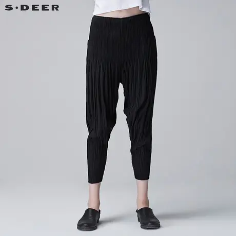 s.deer【新品】圣迪奥女装纯黑折痕显瘦嘻哈裤S17280829商品大图