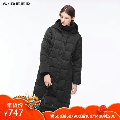 sdeer圣迪奥纯黑酷感金属拉链装饰高领连帽H廓形羽绒服S18462417图片