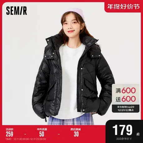 森马羽绒服女连帽外套2022冬季黑色宽松纯色面包服中国风中国结商品大图
