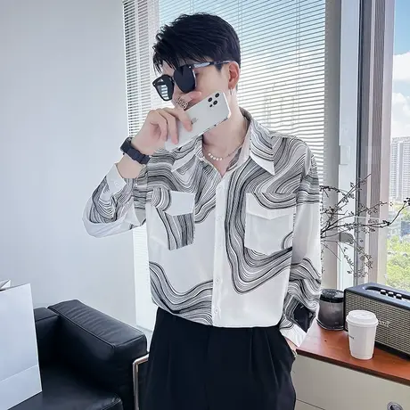 秋季时尚休闲指纹图案个性潮牌发型师韩版原宿花色ins男士衬衫商品大图