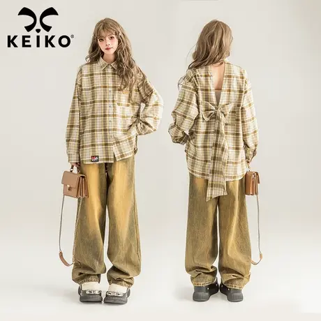 KEIKO 设计感蝴蝶结扎花格子衬衫女24早春学院风减龄宽松显瘦上衣图片