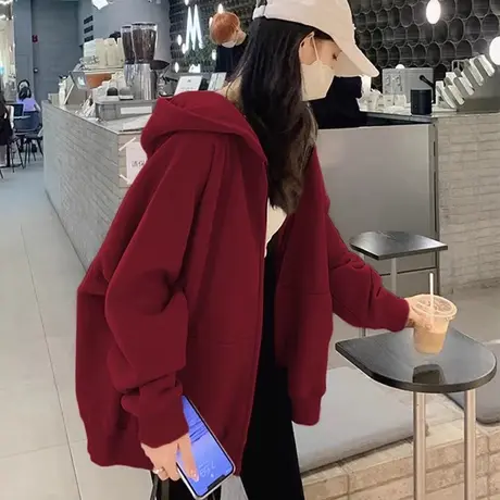 chic国风纯色外套喜庆龙年开衫ins大码冬季加绒连帽山东即墨卫衣图片