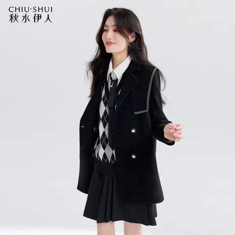 【百亿补贴官方直播】秋水伊人气质短款大衣女黑色学院风外套图片