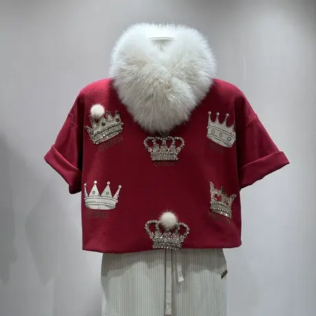 本命年加厚磨毛上衣2024早春新款重工皇冠打底衫大版短袖T恤女潮商品大图