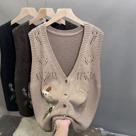 2024年早春刺绣针织马甲女镂空无袖开衫外搭背心叠穿无袖毛衣坎肩商品大图