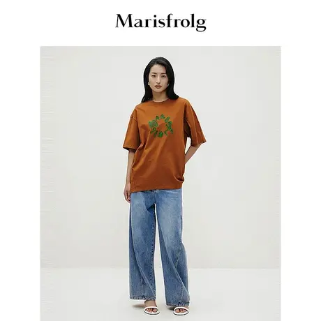 【商场同款】玛丝菲尔2024春新款深咖圆领印花纯棉短袖T恤上衣商品大图