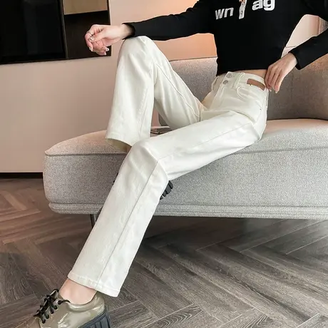 杏色直筒牛仔裤女春秋2024新款高腰显瘦宽松九分窄版烟管休闲裤子商品大图