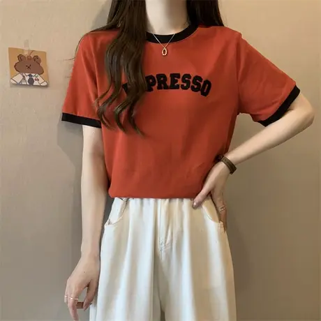 字母正肩短袖t恤女夏季半袖宽松潮ins小众设计感复古美式chic上衣商品大图
