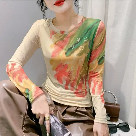 时尚气质圆领春秋新款T恤印花网纱洋气内塔上衣女修身显瘦打底衫图片