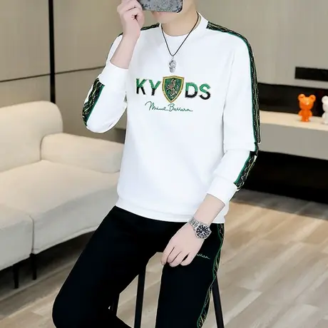 欧货刺绣长袖t恤套装男士春秋季潮流亮片休闲潮牌卫衣裤子两件套商品大图