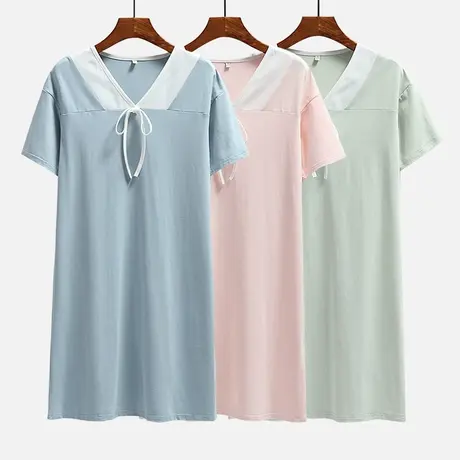 古风睡裙女夏季改良汉服睡衣针织棉V领宽松短袖家居连衣裙大码商品大图