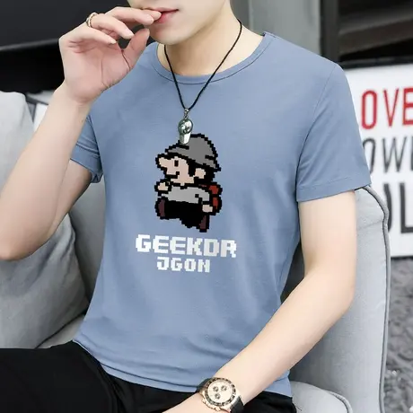 莫代尔短袖t恤男装圆领上衣服冰丝凉感半袖夏季潮牌像素印花体恤商品大图