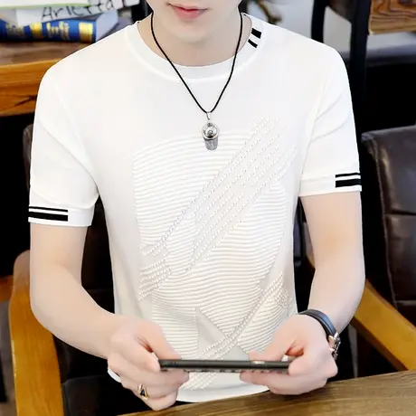 短袖t恤男士潮流冰丝夏装上衣服潮牌修身型半袖针织体恤打底小衫商品大图